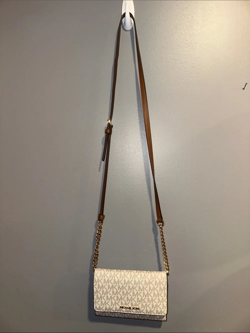 Michael Kors White Beige Logo Crossbody with Brown Strap
